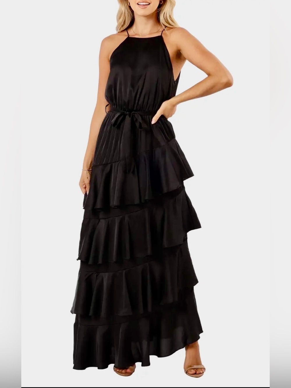 PETAL & PUP BLACK ANNALISE RUFFLED SKIRT SATIN HALTER MAXI BELTED DRESS Sz 6